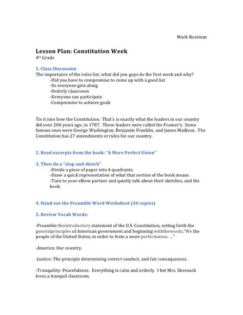 Constitution Lesson Plan: 4th Grade