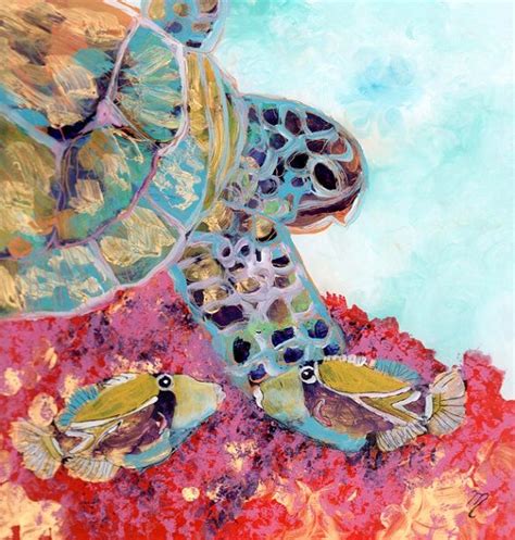 Sea Turtle And Two Fish Reverse Acrylic Painting By Marionette Etsy