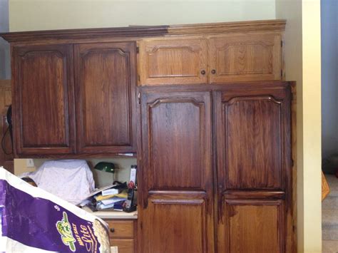 I also had old oak cabinets with a veneer side. General Finishes Antique walnut and Java gel stains | My ...