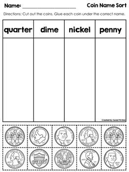 Sorting coins cut and paste activity