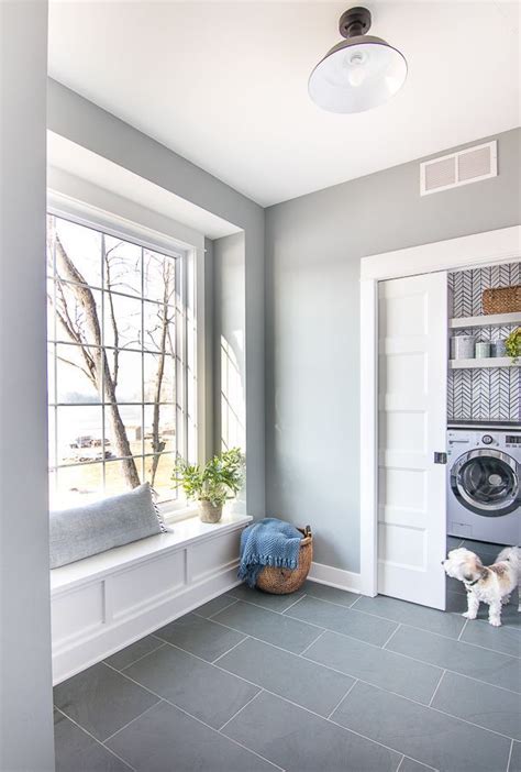 Blue And Gray Mudroom Blue Slate Tile White Lockers And Baskets In