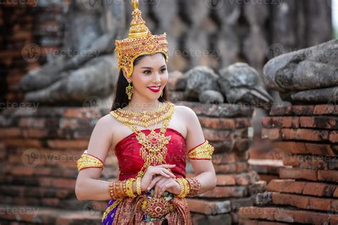 Asia Woman Wearing Traditional Thai Dress The Costume Of The National Dress Of Ancient Thailand