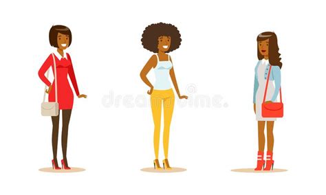 cheerful african american woman in casual wear in standing pose vector set stock vector