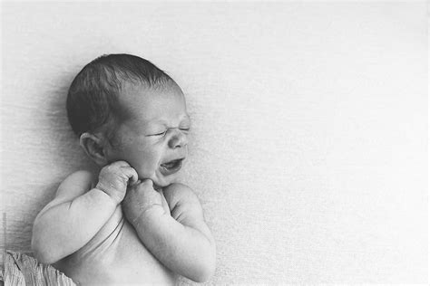 A Newborn Baby Is Holding His Hands To His Face By Stocksy