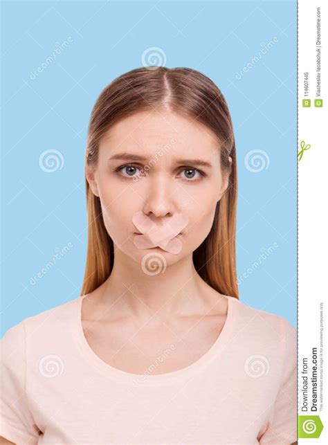 sad woman having mouth shut with adhesive bandages stock image image of expression tshirt