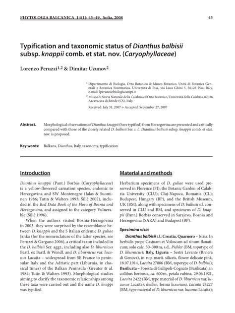Pdf Typification And Taxonomic Status Of Dianthus Balbisii Subsp
