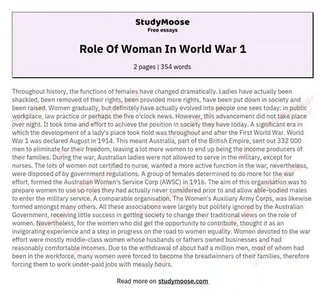 Role Of Woman In World War 1 Free Essay Example