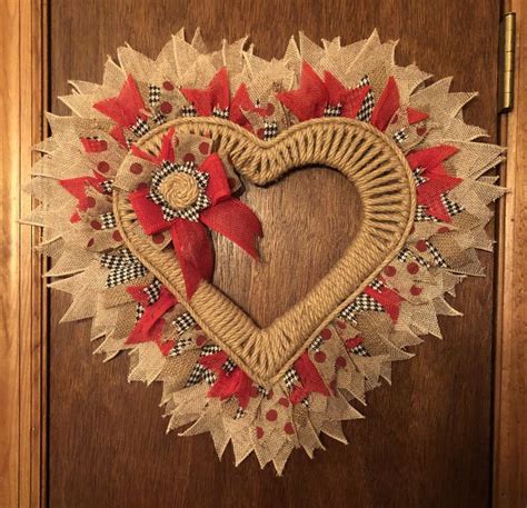 Heart Valentine Door Wreath Red And Black Burlap Ribbon Heart Shaped