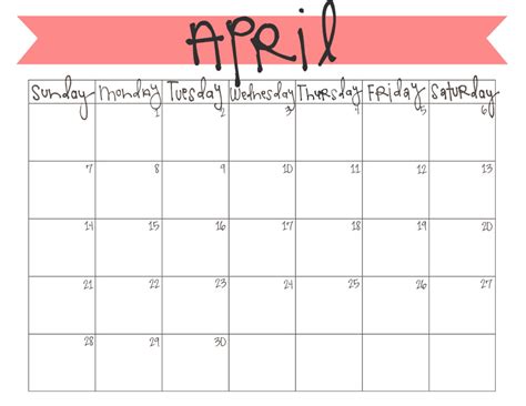 April Calendar Sheet Printable