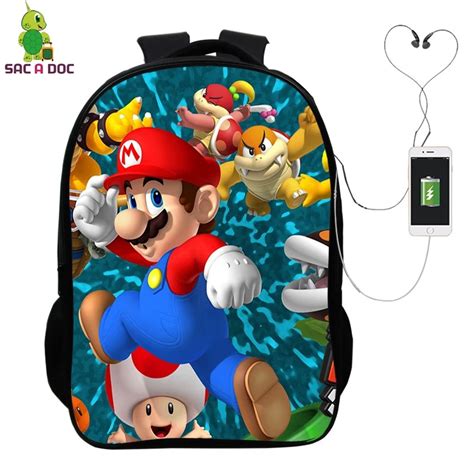 Super Mario Backpack With Usb Charge Headphone Jack Laptop Backpack