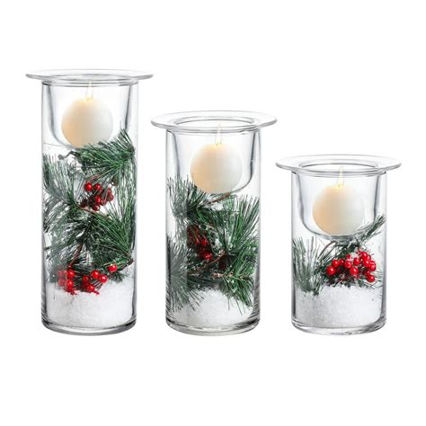 Glass Hurricane Candle Holders With Decorative Christmas Ornaments