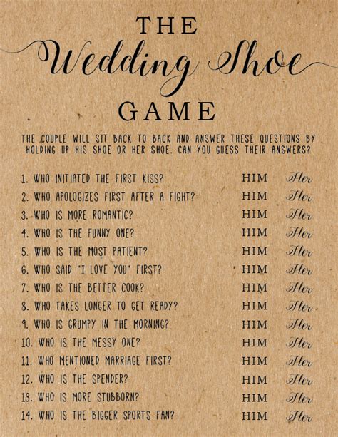 Answer questions about yourself and guess your partner's answers and see who knows best. The Wedding Shoe Game . Bridal Shower Games . Wedding ...