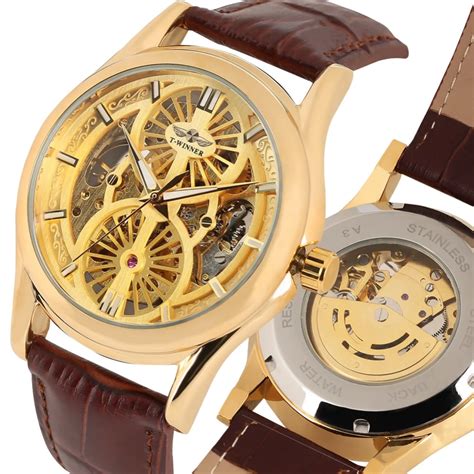 Luxury Gold Skeleton Watch For Men Watches For Men Brown Leather