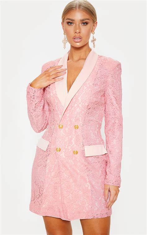 dusty pink lace gold button blazer dress prettylittlething usa