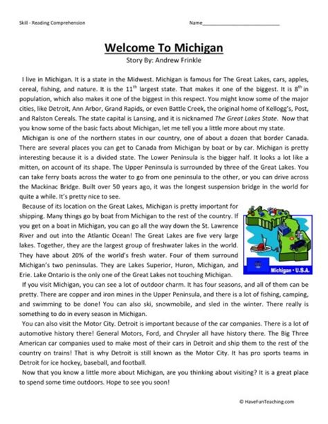 Social studies worksheets help your child learn about history, geography, and more. Reading Comprehension Worksheet - Welcome to Michigan