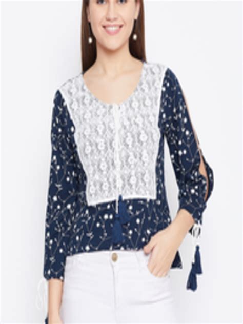 Buy La Loft Women Navy And White Floral Printed High Low Pure Cotton Top