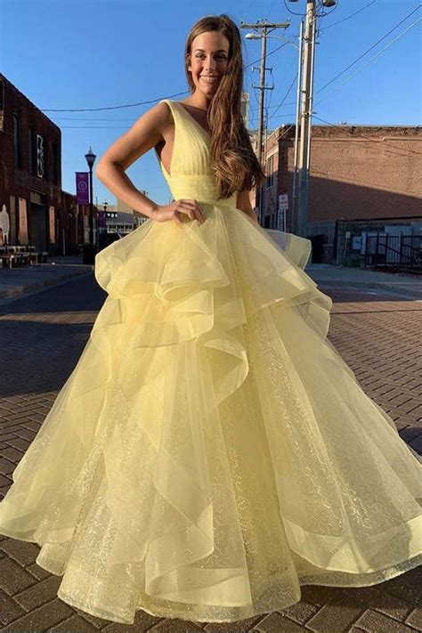 Gorgeous V Neck Sequins Yellow Long Prom Dress Shiny Yellow Formal