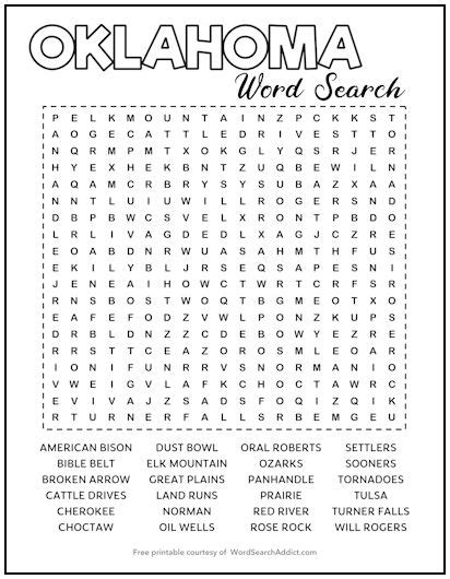 Oklahoma Printable Word Search Puzzle Word Search Addict