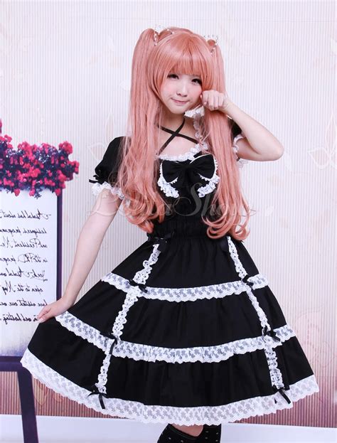 Free Shipping Cotton Black Lace Bow Short Sleeves Gothic Lolita Dress