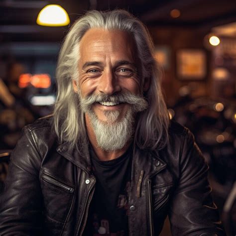Premium Ai Image Sensual And Attractive Cool Male With Long Grey Hair Big And Long Beard