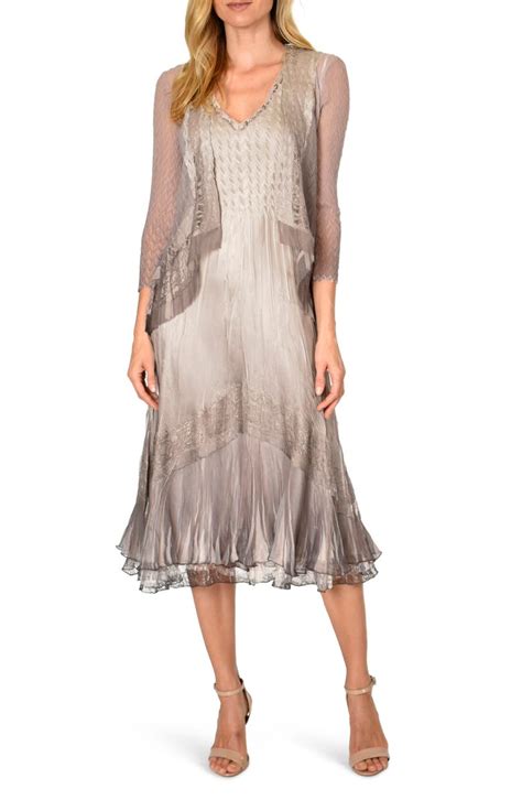 Komarov Beaded Charmeuse And Chiffon Tiered Dress With Jacket Nordstrom