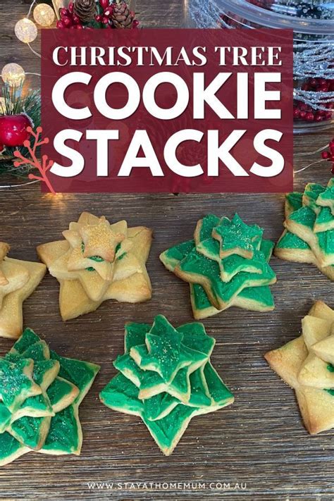 Christmas Tree Cookie Stacks On A Wooden Table
