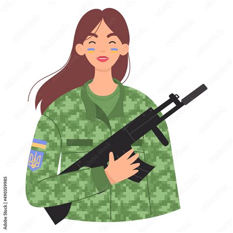 Ukrainian Woman Soldier Military Woman With Gun Or Rifle Stop War In Ukraine Stock Vector