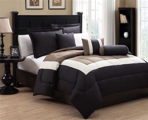 The brown comforter will keep the room mostly neutral, while the red curtains and a few other red accents add a pop of color. 6 Piece Queen Tranquil Black and Taupe Comforter Set ...