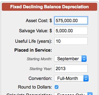 The straight line calculation steps are: Fixed Declining Balance Depreciation Calculator
