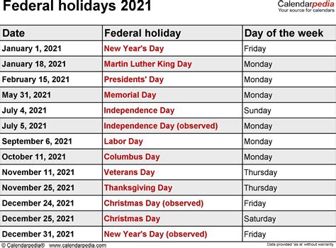 Federal Holidays 2021 Dowload Holiday Calendar Printable Regarding