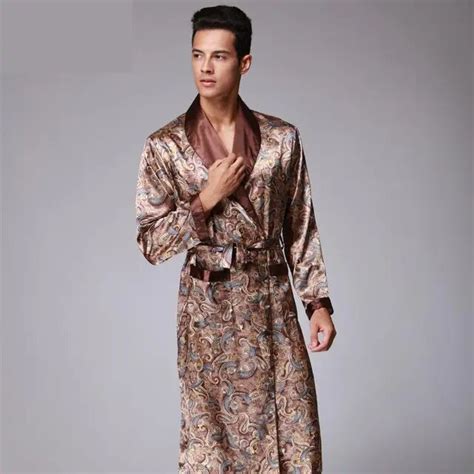 Mens Luxury Paisley Pattern Bathrobe Kimono Robes V Neck Faux Silk Male