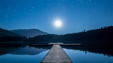 Moonlight Night Stars Lake Dock Scenery 4k Hd Wallpaper Rare