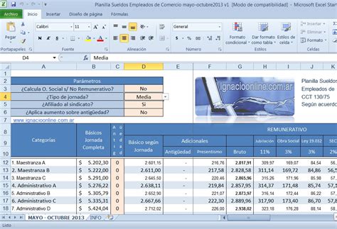 Planilla Excel Sueldos De Empleados De Comercio Julio 2014