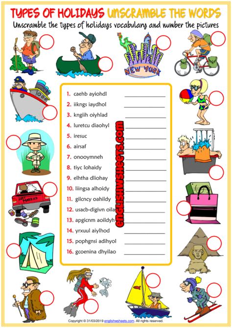 Holiday Types Esl Unscramble The Words Worksheet For Kids