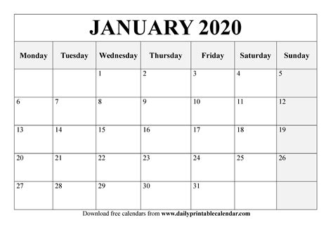 Free Printable Calendar For January 2020
