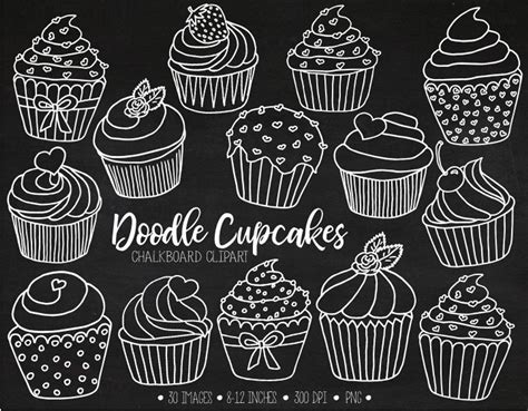 Chalkboard Cupcake Clipart Hand Drawn White Cupcake Outlines Etsy