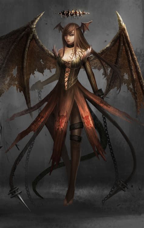 Safebooru Bat Wings Breasts Brown Eyes Chain Cuffs Demon Girl Dress