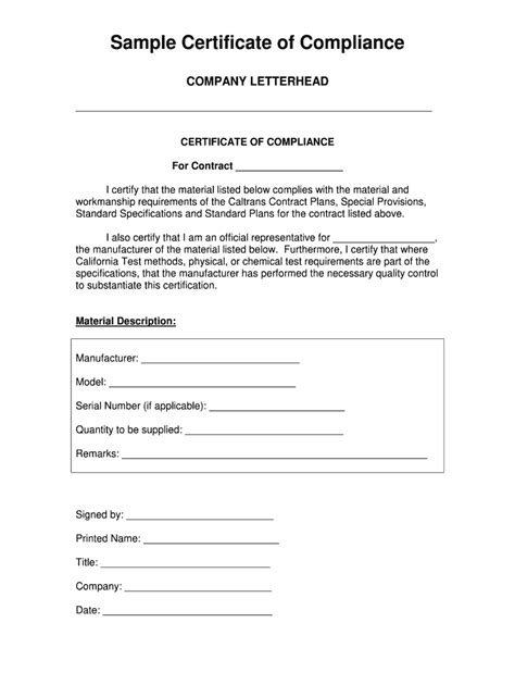 Certificate Of Compliance Template Form Fill Out And Sign Printable