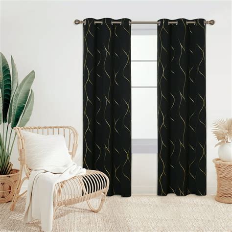 Deconovo Gold Wave Foil Print Blackout Curtains For Bedroom 42x84