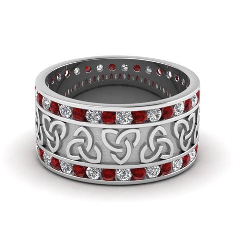 White Gold Round White Diamond Mens Wedding Band With Red Ruby In Channel Set FDDB1337BGRUDR NL WG 