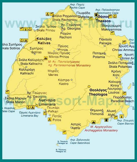 Карта острова Тасос с курортами