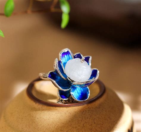 I03 Elegant Ring Lotus Flower From White Jade Cloisonne Blue Adjustable