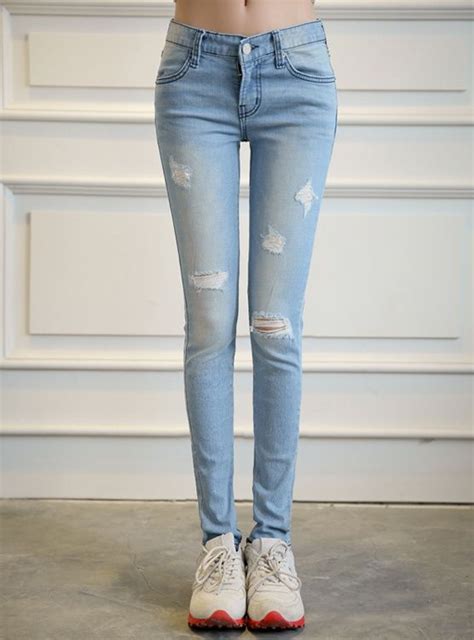 Cp02795 Medium Waist Holes Slim Jeans Spring Light Color Long Pants