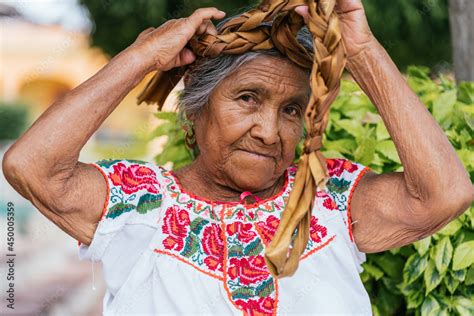 Old Mexican Woman Combing Hair Adult Woman Looking At Camera Wears Typical Mexican Costume