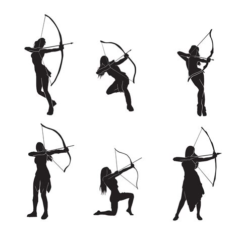 Set Of Beautiful Female Archer Warrior Vector Silhouette On White
