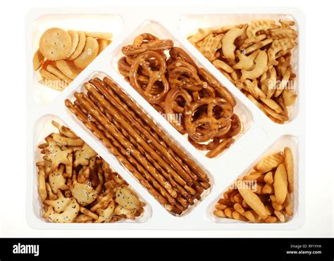 Salty Snacks Assorted Crackers And Pretzels Stock Photo Alamy