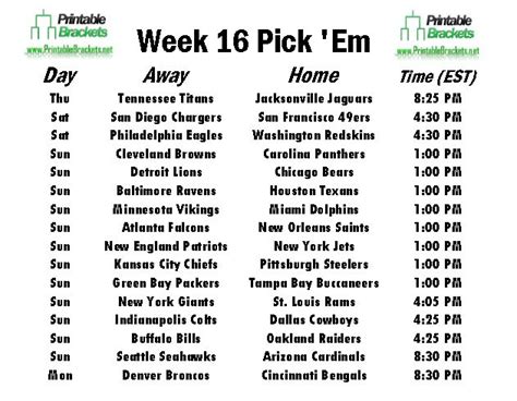 Nfl Pick Em Week 16 Pro Football Pick Em Week 16