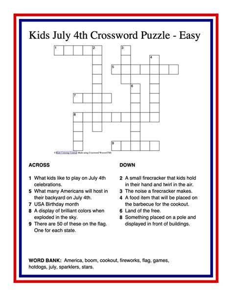 Th Of July Printable Crossword July Th Coloring Page Coloring Home