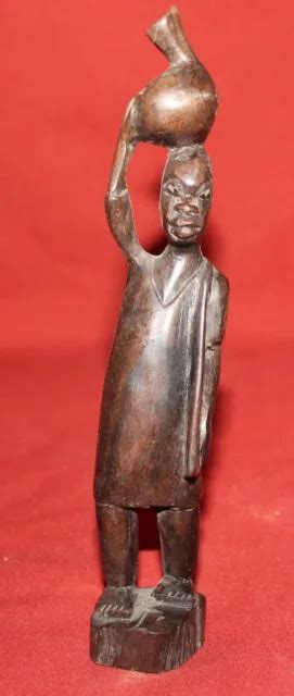 Vintage Hand Carving Wood African Woman Carry Vessel On Her Head