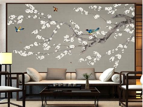 Fine Brushwork Chinoiserie Plum Tree Wallpaper Wall Mural Etsy
